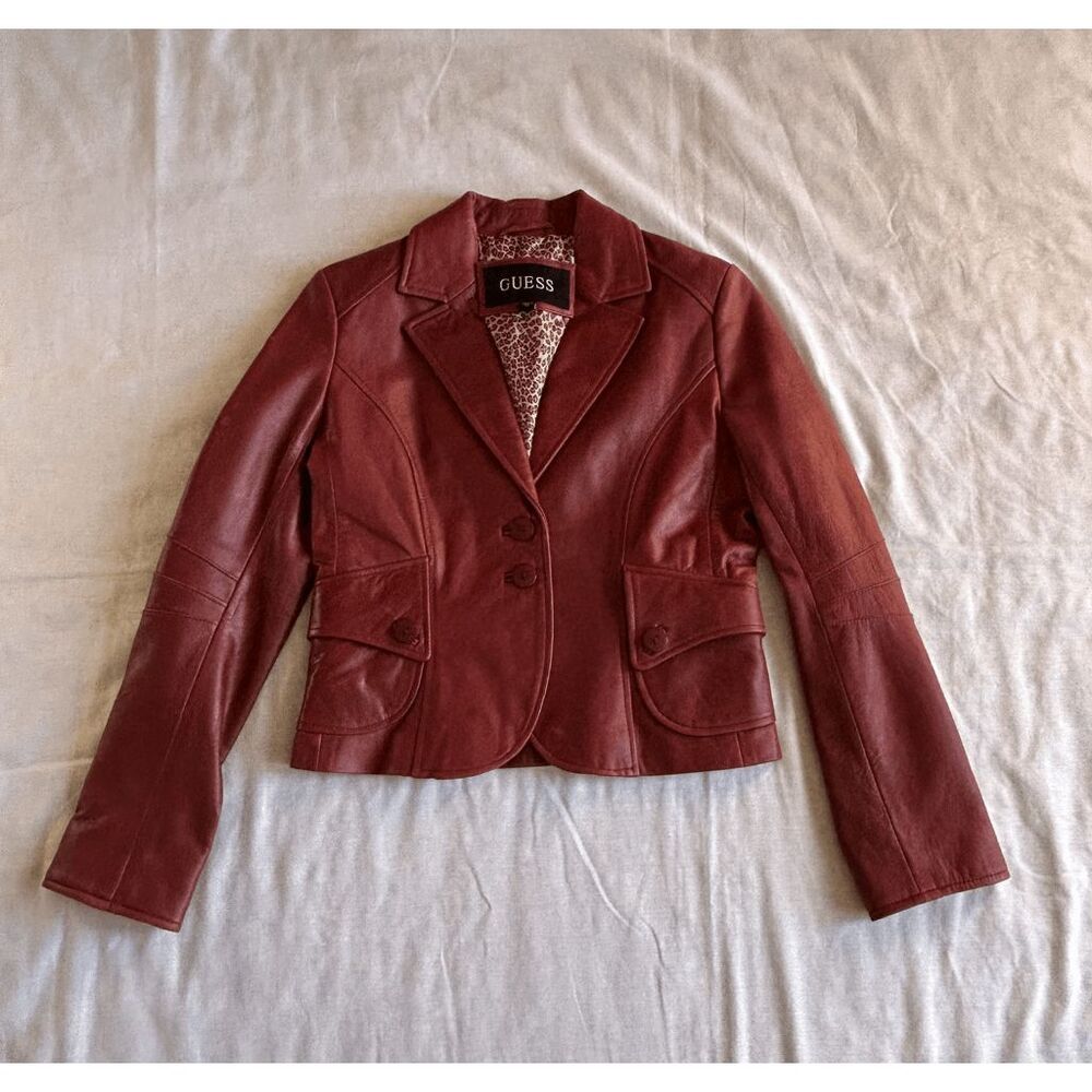 Guess Red Cropped Leather Jacket Size Medium, Y2K, Biker, Edgy